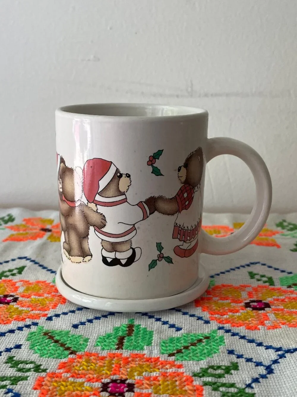 Vintage Holiday Teddy Bear Mug with Coaster